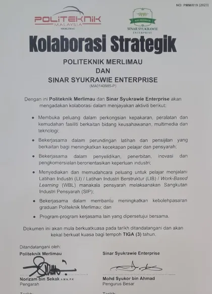 Dokumen Kolaborasi Strategik antara Politeknik Merlimau dan Sinar Syukrawie Enterprise.