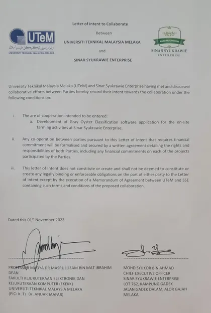 Letter of Intent to Collaborate antara Universiti Teknikal Malaysia Melaka (UTeM) dan Sinar Syukrawie Enterprise.