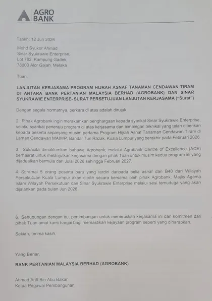 Surat Agrobank melanjutkan kerjasama Program Hijrah Asnaf Tanaman Cendawan Tiram bersama Sinar Syukrawie Enterprise.