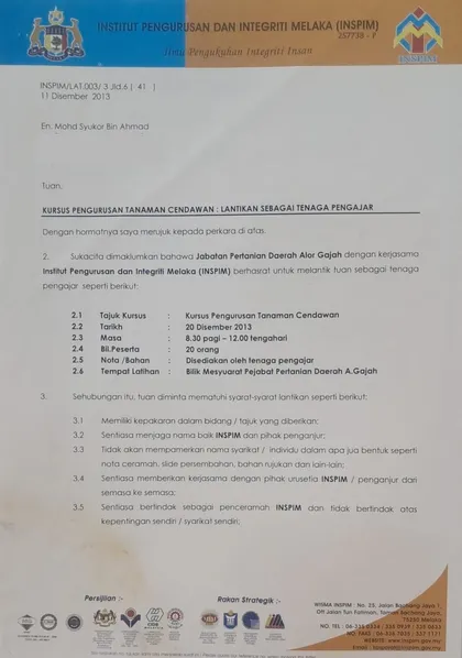 Surat INSPIM melantik Mohd Syukor bin Ahmad sebagai tenaga pengajar Kursus Pengurusan Tanaman Cendawan.