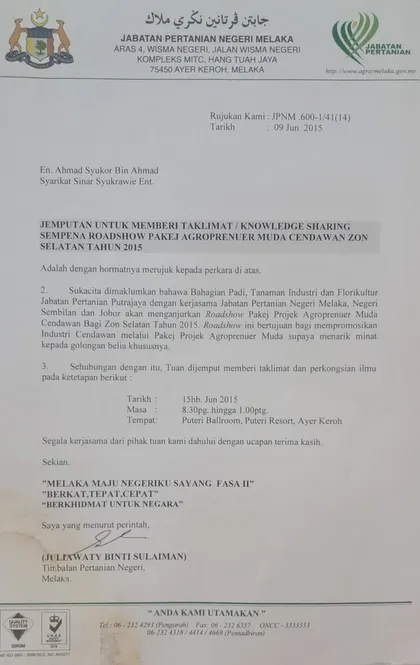 Surat Jabatan Pertanian Negeri Melaka menjemput taklimat di Roadshow Agropreneur Muda Cendawan Zon Selatan.