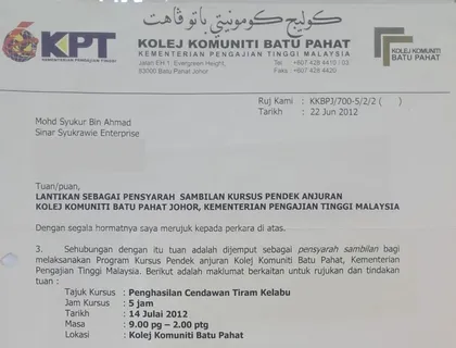 Surat Kolej Komuniti Batu Pahat melantik Mohd Syukur bin Ahmad sebagai pensyarah sambilan kursus cendawan tiram kelabu.