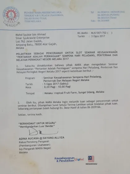 Surat MARA Negeri Melaka melantik Mohd Syukor bin Ahmad sebagai penceramah seminar keusahawanan.