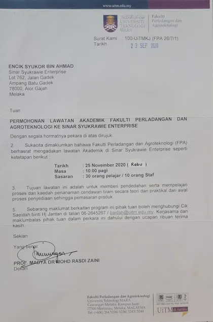 Surat UiTM memohon lawatan akademik pelajar ke Sinar Syukrawie Enterprise.